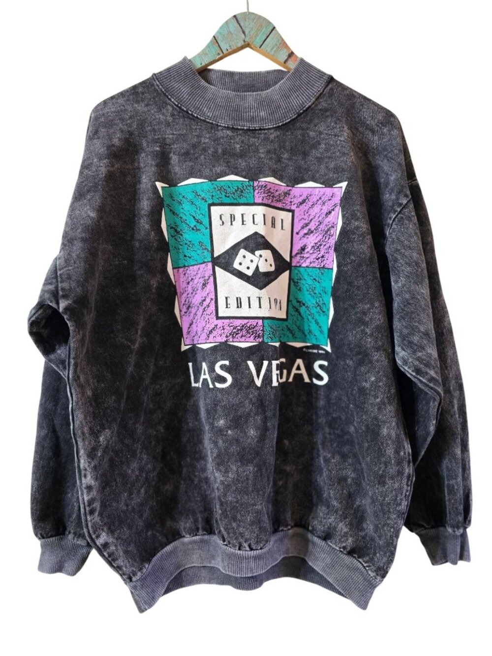 Vtg Caribe Special Ed LV Dice Stone Wash Black Denim Puffy Paint Sweatshirt L/XL